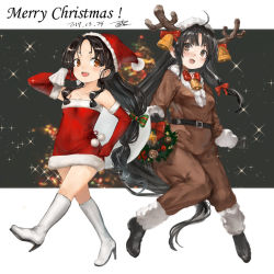 Rule 34 | 2girls, :d, bell, belt, black hair, blush, bow, breasts, brown eyes, christmas, cleavage, collarbone, dated, deer costume, elbow gloves, full body, fur-trimmed sleeves, fur trim, gloves, hair ribbon, hat, high ponytail, holding, holding sack, horns, jingle bell, kantai collection, long hair, long sleeves, looking at viewer, medium breasts, merry christmas, multi-tied hair, multiple girls, nisshin (kancolle), open mouth, pom pom (clothes), red bow, red gloves, ribbon, sack, santa costume, santa hat, shouhou (kancolle), signature, smile, toka (marchlizard), tress ribbon, white footwear