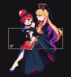 Rule 34 | 3girls, 4qw5, barefoot, bell, black background, black collar, black dress, black eyes, black headwear, black shirt, blonde hair, bow, chinese clothes, clown, clownpiece, collar, dress, feet, hair between eyes, hat, hecatia lapislazuli, highres, holding, holding torch, jester, jester cap, junko (touhou), leggings, long hair, long sleeves, looking at another, multiple girls, off shoulder, phoenix crown, pixel art, polka dot, polka dot headwear, pom pom (clothes), red hair, red tabard, serious, shirt, short sleeves, simple background, sitting, smile, tabard, torch, touhou, underworld (ornament), very long hair, wide sleeves, yellow bow