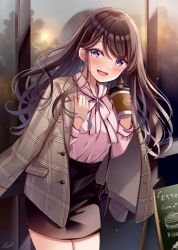 Rule 34 | 1girl, :d, bag, black skirt, blazer, blue eyes, blush, brown hair, brown jacket, building, coffee cup, commentary request, cup, day, disposable cup, grey jacket, hair between eyes, head tilt, holding, holding cup, jacket, jacket on shoulders, long hair, long sleeves, looking at viewer, neck ribbon, open mouth, original, outdoors, pencil skirt, pink ribbon, pink shirt, plaid, plaid jacket, purple eyes, ribbon, sakura hiyori, shirt, shoulder bag, skirt, smile, solo, standing, very long hair, window