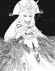 Rule 34 | 1boy, 1girl, absurdres, ahoge, arknights, boat, chain, commentary, detached sleeves, fish, front ponytail, giant, giantess, gloves, greyscale, hair ornament, hair scrunchie, headdress, highres, long hair, looking at another, lumen (arknights), monochrome, ocean, parted lips, qmiqun, scrunchie, sitting, skadi (arknights), skadi the corrupting heart (arknights), skadi the corrupting heart (sublimation) (arknights), symbol-only commentary, very long hair, watercraft