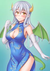 Rule 34 | 1girl, anti (untea9), blue dress, blush, breasts, brown eyes, china dress, chinese clothes, cleavage, cleavage cutout, clothing cutout, cowboy shot, dragon girl, dragon horns, dragon tail, dragon wings, dress, elbow gloves, gloves, green background, highres, horns, kantai collection, long hair, looking at viewer, medium breasts, scales, shoukaku (kancolle), smile, solo, tail, white hair, wings