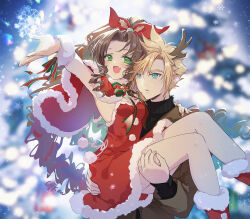 Rule 34 | 1boy, 1girl, aerith gainsborough, antlers, aqua eyes, artist name, black sweater, blonde hair, blurry, blurry background, blush, boots, bow, braid, braided ponytail, brown hair, brown jacket, capelet, carrying, cat princess, christmas, cloud strife, dress, fang, feet out of frame, final fantasy, final fantasy vii, final fantasy vii remake, fur-trimmed boots, fur-trimmed capelet, fur-trimmed dress, fur cuffs, fur trim, green eyes, hair between eyes, hair ribbon, horns, jacket, long hair, long sleeves, materia, mistletoe, open mouth, outstretched hand, parted bangs, parted lips, pom pom (clothes), princess carry, red capelet, red dress, red footwear, red ribbon, reindeer antlers, ribbon, short hair, sidelocks, smile, snow, spiked hair, square enix, strapless, strapless dress, striped, striped bow, sweater, turtleneck, turtleneck sweater, upper body, white fur