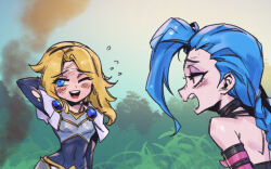 Rule 34 | 2girls, :d, bare shoulders, black bodysuit, blue eyes, blue hair, blush, bodysuit, boobplate, breastplate, covered navel, day, gem, grass, hairband, hand in own hair, jinx (league of legends), league of legends, long hair, lux (league of legends), multiple girls, open mouth, outdoors, phantom ix row, profile, shiny skin, sideways glance, smile, teeth, torn bodysuit, torn clothes, tree, upper teeth only