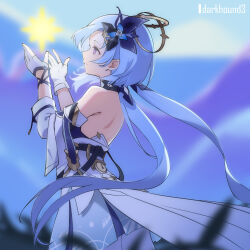 Rule 34 | 1girl, aged up, backless dress, backless outfit, bare back, bare shoulders, blue hair, commentary request, cowboy shot, dark hound 3, detached sleeves, dress, gloves, griseo, hair ornament, highres, honkai (series), honkai impact 3rd, long hair, purple eyes, solo, standing, very long hair, white dress, white gloves