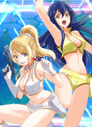 Rule 34 | 2girls, ayase eli, blonde hair, blue eyes, blue hair, breasts, cleavage, company connection, cosplay, crossover, dirty pair, gun, highres, holding, holding gun, holding weapon, kei (dirty pair), kei (dirty pair) (cosplay), long hair, looking at viewer, love live!, love live! school idol project, medium breasts, midriff, multiple girls, navel, open mouth, sonoda umi, urutsu sahari, weapon, yellow eyes, yuri (dirty pair), yuri (dirty pair) (cosplay)