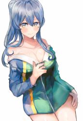 Rule 34 | 1girl, bare shoulders, blue dress, blue eyes, blue hair, breasts, cleavage, collarbone, commentary request, cowboy shot, dress, gotland (kancolle), hand on own hip, highres, kantai collection, large breasts, long hair, looking at viewer, miyako (rgrayt), mole, mole under eye, ponytail, simple background, smile, solo, white background