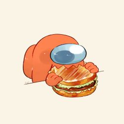 Rule 34 | 1other, among us, burger, commentary, disembodied hand, eating, food, highres, holding, holding food, impostor (among us), no humans, orange (among us), simple background, solo, symbol-only commentary, tenmiyakiyo, yellow background