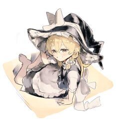 Rule 34 | 1girl, apron, barefoot, bell, blonde hair, blush, bow, braid, frilled hat, frills, grin, hair bell, hair ornament, hand on headwear, hat, hat bow, kirisame marisa, long hair, looking at viewer, orange eyes, short sleeves, side braid, simple background, smile, solo, touhou, white apron, white bow, witch hat, yasushi