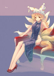 Rule 34 | 1girl, bad id, bad pixiv id, blonde hair, breasts, character name, couch, female focus, fox tail, hat, high heels, kaito (k4itoh), multiple tails, naked tabard, no panties, no socks, red footwear, red upholstery, shoes, short hair, sitting, solo, tabard, tail, touhou, yakumo ran, yellow eyes