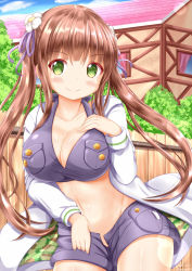 Rule 34 | &gt;:), 1girl, blue shorts, blue sky, blush, breasts, brown hair, cleavage, closed mouth, cloud, cloudy sky, collarbone, commentary request, dated, day, fence, flower, gochuumon wa usagi desu ka?, green eyes, hair flower, hair ornament, hair ribbon, hand on own chest, hand up, highres, house, jacket, large breasts, long hair, long sleeves, navel, open clothes, open fly, open jacket, open shorts, outdoors, purple ribbon, ribbon, short shorts, shorts, sky, smile, solo, twintails, twitter username, ujimatsu chiya, v-shaped eyebrows, very long hair, white flower, white jacket, xenon (for achieve)