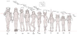Rule 34 | 10s, 6+girls, akagi (kancolle), animal ears, boots, breasts, rabbit ears, chart, cosmic (crownclowncosmic), female focus, hat, headgear, height chart, height difference, hibiki (kancolle), high heels, highres, i-19 (kancolle), kagerou (kancolle), kantai collection, kongou (kancolle), long hair, monochrome, multiple girls, mutsu (kancolle), no pussy, nude, outline, shimakaze (kancolle), short hair, single thighhigh, spot color, suzuya (kancolle), tenryuu (kancolle), thighhighs, topless, twintails, white background, yamato (kancolle), yura (kancolle)