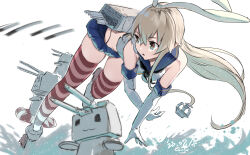 Rule 34 | 1girl, anchor hair ornament, black hairband, black neckerchief, black panties, blonde hair, blue sailor collar, blue skirt, crop top, dress, elbow gloves, gegeron, gloves, grey eyes, hair ornament, hairband, highleg, highleg panties, highres, kantai collection, long hair, looking to the side, machinery, microskirt, miniskirt, motion blur, neckerchief, panties, pleated dress, pleated skirt, rensouhou-chan, sailor collar, shimakaze (kancolle), simple background, skirt, striped clothes, striped thighhighs, thighhighs, torpedo, torpedo launcher, underwear, white background, white gloves, white hairband