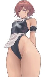 Rule 34 | 1girl, absurdres, apron, arm garter, arms behind back, black leotard, breasts, brown hair, collar, commentary request, detached collar, frilled collar, frills, groin, hair ornament, hairclip, highleg, highleg leotard, highres, higuchi madoka, idolmaster, idolmaster shiny colors, leotard, looking at viewer, maid, maid apron, mole, mole under eye, purple eyes, short hair, sideboob, small breasts, solo, unconventional maid, waist apron, white background, wizast