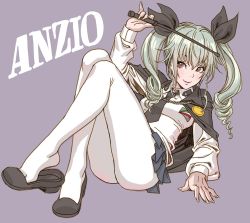 Rule 34 | 10s, 1girl, anchovy (girls und panzer), anzio school uniform, ass, black necktie, breasts, cape, capelet, character name, drill hair, girls und panzer, green hair, holding, long hair, long sleeves, medium breasts, necktie, pantyhose, pleated skirt, pointer, purple background, riding crop, school uniform, shirt, shoe dangle, shoes, simple background, skirt, smile, solo, twintails, white pantyhose, white shirt, yamashita shun&#039;ya