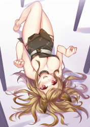 Rule 34 | 1girl, absurdres, alternate costume, animal ears, arknights, bare legs, barefoot, black choker, blonde hair, blush, bone print, breasts, brown dress, ceobe (arknights), chinese commentary, choker, cleavage, dog ears, dress, fang, from above, highres, hongbaise raw, large breasts, long hair, looking at viewer, lying, off-shoulder dress, off shoulder, on back, open mouth, paw pose, red eyes, short dress, side slit, smile, solo, spiked choker, spikes, upside-down