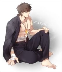 Rule 34 | 1boy, barefoot, brown eyes, brown hair, cross, cross necklace, dated, fate/zero, fate (series), jewelry, kotomine kirei, male focus, necklace, nipples, off shoulder, sarashi, solo, zihad