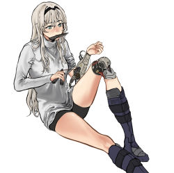 Rule 34 | 1girl, an-94 (girls&#039; frontline), android, asaripan, bike shorts, black shorts, blue eyes, boots, commentary request, girls&#039; frontline, grey hair, hairband, highres, joints, knee up, knife, knife in mouth, long hair, long sleeves, mechanical parts, mouth hold, pliers, repairing, robot joints, shirt, shorts, simple background, sitting, sleeve rolled up, solo, turtleneck, white background, white shirt, wire