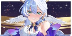 Rule 34 | 1girl, absurdres, aqua eyes, armpit crease, bare shoulders, bead necklace, beads, blue hair, breasts, collar, commentary, detached sleeves, earrings, gloves, hair between eyes, halo, head wings, highres, honkai: star rail, honkai (series), jewel under eye, jewelry, light blush, long hair, looking at viewer, necklace, portrait, purple collar, robin (honkai: star rail), smile, solo, sparkle, white gloves, wings, y osu