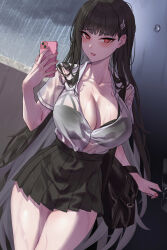 Rule 34 | 1girl, absurdres, black bra, black hair, black skirt, blue archive, blush, bra, bra visible through clothes, breasts, cellphone, cleavage, collarbone, collared shirt, highres, holding, holding phone, large breasts, long hair, looking at viewer, open mouth, phone, pleated skirt, red eyes, rio (blue archive), shirt, shirt tucked in, short sleeves, skirt, smartphone, solo, thighs, underwear, wet, wet clothes, wet shirt, white shirt, yukiaka
