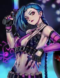 Rule 34 | 1girl, arcane: league of legends, bare shoulders, belt, blue hair, blue nails, blurry, blurry background, braid, breasts, bullet, choker, closed mouth, datcravat, fingerless gloves, gloves, gun, hand up, highres, holding, holding gun, holding weapon, jewelry, jinx (league of legends), league of legends, long hair, nail polish, navel, necklace, pink eyes, pink nails, shiny skin, single sleeve, small breasts, solo, stomach, tattoo, twin braids, weapon