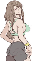 1girl ass breasts brown_eyes brown_hair large_breasts long_hair looking_at_viewer looking_back nipples nipples_visible_through_shirt shorts sports_bra yasunososaku