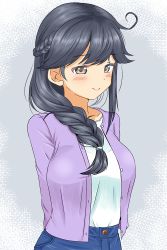 Rule 34 | 10s, 1girl, ahoge, alternate costume, alternate hairstyle, arms behind back, black hair, blush, braid, breasts, brown eyes, casual, contemporary, denim, hair over shoulder, hair tie, jeans, kantai collection, large breasts, long hair, long sleeves, looking at viewer, pants, pocket, purple eyes, shino (ponjiyuusu), shirt, sidelocks, smile, solo, sweater, upper body, ushio (kancolle), white shirt