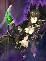 Rule 34 | 1girl, absurdres, bkko, black gloves, black pantyhose, black skirt, breasts, brown hair, choker, cleavage, collarbone, crop top, crossed legs, cup, drinking glass, elbow gloves, fate/apocrypha, fate (series), gloves, hair ornament, head rest, highres, holding, holding cup, holding drinking glass, large breasts, long hair, midriff, miniskirt, navel, pantyhose, pointy ears, semiramis (fate), sitting, skirt, slit pupils, solo, stomach, very long hair, yellow eyes