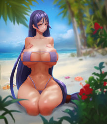 Rule 34 | 1girl, beach, bikini, blunt bangs, blush, breasts, covered erect nipples, driverbunny37, fate/grand order, fate (series), flower, grey eyes, hair tie, hands on own chest, hibiscus, highres, huge breasts, kneeling, large areolae, minamoto no raikou (fate), navel, ocean, palm tree, purple hair, seashell, shell, smile, solo, starfish, swimsuit, tree