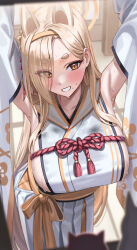 Rule 34 | 1girl, animal ears, armpits, arms behind head, arms up, bare shoulders, blonde hair, blue archive, blush, breasts, collarbone, detached sleeves, eyeliner, fox ears, grin, halo, highres, japanese clothes, kaho (blue archive), kimono, large breasts, long hair, makeup, parted bangs, rope, sash, shocho, short eyebrows, sideboob, sleeveless, sleeveless kimono, smile, solo, sweat, white kimono, wide sleeves, yellow eyes