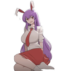 Rule 34 | 1girl, animal ears, blouse, breasts, collared shirt, highres, large breasts, light purple hair, long hair, looking at viewer, mata (matasoup), necktie, purple hair, rabbit ears, rabbit girl, rabbit tail, red eyes, red necktie, red skirt, reisen udongein inaba, sexually suggestive, shirt, short sleeves, simple background, sitting, skirt, smile, solo, tail, touhou, very long hair, white background, white shirt