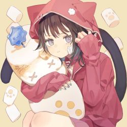 Rule 34 | 1girl, :t, adjusting hair, aqua nails, bandaid, bandaid on face, black eyes, black hair, cat tail, closed mouth, collar, colored inner hair, commentary request, eyebrows hidden by hair, eyelashes, food, green hair, hand up, highres, hood, hooded jacket, jacket, knees, marshmallow, multicolored hair, nail polish, hugging object, original, red collar, red jacket, short hair, simple background, smile, solo, squatting, tail, tokiwata soul, yellow background