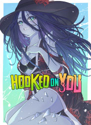 Rule 34 | 1girl, absurdres, bikini, black bikini, black hat, black robe, blue eyes, blue hair, blue skin, breasts, cleavage, clothing cutout, collarbone, colored skin, copyright name, dead by daylight, hair between eyes, hat, highres, hooked on you, long hair, mardrom, print robe, robe, shoulder cutout, smile, solo, swimsuit, the spirit (dead by daylight), witch hat