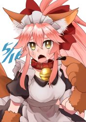 Rule 34 | 1girl, alternate costume, animal ear fluff, animal ears, animal hands, apron, bell, blush stickers, bow, breasts, cat paws, collar, dated, enmaided, fangs, fate/grand order, fate (series), fox ears, fox girl, fox tail, gloves, hair bow, hair ribbon, highres, jingle bell, large breasts, long hair, looking at viewer, maid, maid apron, maid headdress, nakinishimoarazu, neck bell, open mouth, paw gloves, pink hair, pointing, pointing at self, ponytail, red ribbon, ribbon, simple background, solo, tail, tamamo (fate), tamamo cat (second ascension) (fate), tears, white background, yellow eyes