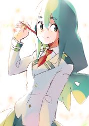 Rule 34 | 1girl, :&gt;, asui tsuyu, azuumori, blue eyes, blue hair, boku no hero academia, closed mouth, collared shirt, commentary, grey jacket, hand up, holding, holding pencil, jacket, long hair, long sleeves, looking at viewer, low-tied long hair, necktie, pencil, red necktie, school uniform, shirt, smile, solo, white shirt, wing collar