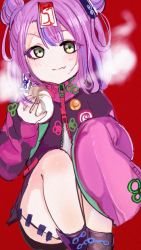 Rule 34 | 1girl, black footwear, blue hair, blush, boogey voxx, boots, closed mouth, commentary request, double bun, fang, feet out of frame, green eyes, hair bun, highres, holding, jacket, jiangshi, jiangshi no ci-chan, looking at viewer, multicolored hair, ofuda, pink hair, pink jacket, red background, shirt, shishio chris (artist), short hair, simple background, skin fang, sleeves past fingers, sleeves past wrists, smile, solo, two-tone hair, virtual youtuber, white shirt, zipper