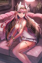 Rule 34 | 1girl, blue eyes, bracelet, breasts, circe (fate), couch, donkikong (pixiv17278003), fate/grand order, fate (series), head wings, highres, jewelry, lamp, long hair, medium breasts, navel, pink hair, pointy ears, thigh strap, wings