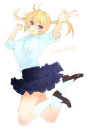 Rule 34 | 1girl, blonde hair, blue eyes, blue skirt, character name, full body, jumping, kneehighs, loafers, looking at viewer, miniskirt, official art, onishima homare, open mouth, pleated skirt, sagara riri, school uniform, shirt, shoes, simple background, skirt, sleeves rolled up, smile, socks, solo, sounan desuka?, torn clothes, twintails, twitter username, v, white background, white socks, white shirt