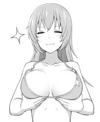 Rule 34 | 1girl, bikini, breast lift, breasts, charlotte e. yeager, greyscale, large breasts, momiji7728, monochrome, smug, solo, strap gap, strike witches, swimsuit, upper body, white background, world witches series