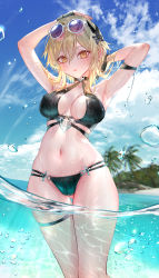Rule 34 | 1girl, absurdres, arm behind head, armpits, arms up, bikini, black bikini, black gloves, blonde hair, blue sky, blush, breasts, bubble, cleavage, cloud, day, eyewear on head, fingerless gloves, genshin impact, gloves, hair between eyes, hair ornament, hand on own head, highres, large breasts, long hair, looking at viewer, lumine (genshin impact), navel, ocean, outdoors, parted lips, pottsness, sky, solo, standing, stomach, sunglasses, swimsuit, thigh strap, thighs, twitter username, wading, water, wet, yellow eyes