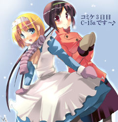 Rule 34 | 2girls, apron, ascot, blonde hair, blue eyes, blush, brown hair, dress, frills, gloves, hairband, jacket, long hair, looking at viewer, maid, maid apron, maid headdress, mittens, multiple girls, open mouth, original, pantyhose, red eyes, scarf, shigen, short hair, smile, snow, striped clothes, striped scarf