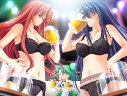Rule 34 | 3girls, akemi (tetsuwan gacchu!), alcohol, beer, black panties, blue hair, bra, crotch seam, closed eyes, fishnet pantyhose, fishnets, froth, game cg, glasses, green hair, lace, lace-trimmed panties, lace trim, lingerie, long hair, multiple girls, panties, panties under pantyhose, pantyhose, red hair, tetsuwan gacchu!, thighhighs, underwear, underwear only
