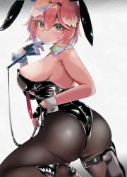 Rule 34 | 1girl, animal ears, armpit crease, ass, ayukawa ii, bad id, bad pixiv id, blue eyes, breasts, fake animal ears, fingerless gloves, fishnet pantyhose, fishnets, gloves, hairband, head wings, high heels, highres, hololive, large breasts, leotard, looking at viewer, looking back, pantyhose, pink hair, playboy bunny, rabbit ears, short hair, sideboob, simple background, solo, takane lui, virtual youtuber, whip, white background, wings