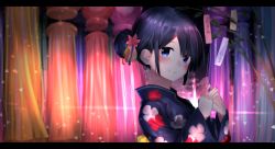 Rule 34 | 1girl, black hair, blue eyes, blue kimono, blurry, blurry background, blush, closed mouth, commentary request, depth of field, floral print, flower, hair between eyes, hair bun, hair flower, hair ornament, hands up, highres, japanese clothes, kimono, letterboxed, long sleeves, looking at viewer, looking to the side, neku (neku draw), original, outdoors, pink flower, print kimono, sidelocks, single hair bun, smile, solo, steepled fingers, tanabata, tanzaku, wide sleeves, yukata