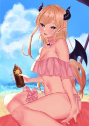 Rule 34 | 1girl, absurdres, arm support, ass, bat wings, beach, beach umbrella, bikini, black nails, blonde hair, blue sky, bottle, breasts, check commentary, choker, cleavage, cloud, cloudy sky, colored tips, commentary, commentary request, day, demon horns, eyelashes, fangs, fingernails, frilled bikini, frilled garter, frills, green eyes, heart pendant, highres, holding, holding bottle, hololive, horns, knees, lace, lace choker, large breasts, long hair, looking at viewer, lotion, multicolored hair, nail polish, navel, open mouth, outdoors, pendant choker, pink bikini, pointy ears, quandoo, sand, side-tie bikini bottom, sitting, sky, smile, solo, sunscreen, swimsuit, thighs, umbrella, very long hair, virtual youtuber, wings, yokozuwari, yuzuki choco