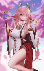 Rule 34 | 1girl, absurdres, animal ears, bare legs, bare shoulders, breasts, cherry blossoms, commentary, detached sleeves, earrings, english commentary, falling petals, feet out of frame, floppy ears, floral print, fox ears, fox shadow puppet, gcg, genshin impact, hair between eyes, hair ornament, hands up, highres, holding, jewelry, large breasts, leg up, long hair, long sleeves, looking at viewer, low-tied long hair, mitsudomoe (shape), nontraditional miko, panties, parted lips, pelvic curtain, petals, pink hair, pink nails, platform footwear, purple eyes, ribbon trim, shirt, sideboob, sidelocks, sleeveless, sleeveless shirt, smile, solo, standing, standing on one leg, taut clothes, taut shirt, thighs, tomoe (symbol), turtleneck, underwear, white panties, white shirt, white sleeves, yae miko