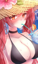 Rule 34 | 1girl, azur lane, bare shoulders, bikini, black bikini, blush, breasts, cocktail, cocktail glass, cup, drinking glass, flower, hat, highres, honolulu (azur lane), honolulu (summer accident?!) (azur lane), large breasts, long hair, looking at viewer, poco., red eyes, red hair, sun hat, swimsuit, twintails, very long hair, wet