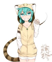 Rule 34 | 10s, 2girls, adapted costume, animal ears, animal hood, blue eyes, blue hair, cat ears, chibi, chibi inset, commentary request, cowboy shot, grin, hair between eyes, hood, hoodie, isobee, kemono friends, long sleeves, lucky beast (kemono friends), multiple girls, sand cat (kemono friends), short hair, smile, snake tail, striped tail, tail, tsuchinoko (kemono friends)