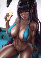 Rule 34 | 1girl, absurdres, animal ears, arm tattoo, artist name, ball, bikini, billiard ball, black hair, blue archive, blue bikini, blue nails, breasts, champagne flute, collarbone, cup, dandon fuga, dark-skinned female, dark skin, drinking glass, fake tail, highres, holding, holding cup, karin (blue archive), large breasts, long hair, navel piercing, on table, paid reward available, parted lips, piercing, pool table, rabbit ears, sitting, solo, swimsuit, table, tail, tattoo, toned, tongue, very long hair, yellow eyes