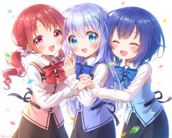 Rule 34 | 3girls, :d, ^ ^, black skirt, blue bow, blue eyes, blue hair, blue neckwear, blue vest, blush, bow, bowtie, chimame-tai, closed eyes, commentary, confetti, facing viewer, fang, girl sandwich, gochuumon wa usagi desu ka?, hair between eyes, hair ornament, hair scrunchie, highres, holding hands, interlocked fingers, jouga maya, kafuu chino, long hair, long sleeves, looking at viewer, low twintails, mozukun43, multiple girls, natsu megumi, open mouth, pink vest, rabbit house uniform, red bow, red eyes, red hair, red neckwear, sandwiched, scrunchie, shirt, short hair, simple background, skirt, smile, twintails, twitter username, vest, white background, white shirt, x hair ornament