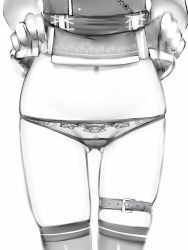 Rule 34 | 1girl, akai haato, akai haato (1st costume), bad id, bad pixiv id, belt, cameltoe, clothes lift, fingernails, gluteal fold, greyscale, head out of frame, highres, hololive, lower body, monochrome, nail polish, nanashi (nlo), navel, panties, simple background, skindentation, skirt, skirt lift, solo, thigh strap, thighhighs, underwear, virtual youtuber, white background